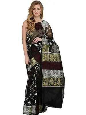 Phantom-Black Tangail Sari from Bangladesh with Woven Paiselys and Bootis All Over