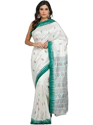 Ivory and Green Bomkai Sari from Orissa with Hand-woven Chakras on Pallu