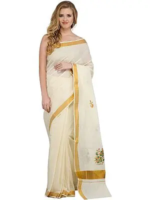 Ivory Kasavu Sari from Kerala with Embroidered Flowers and Golden Border
