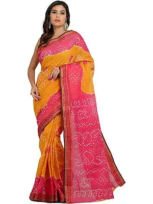 Pink and Yellow Shaded Bandhani Tie-Dye Sari from Rajasthan with Woven Border
