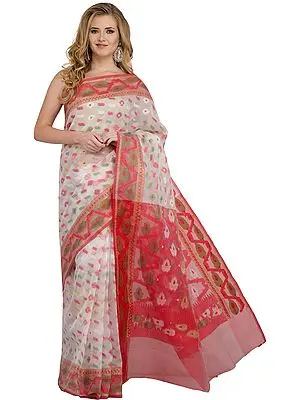 White and Pink Dhakai Handloom Sari from Bangladesh with Woven Bootis All Over