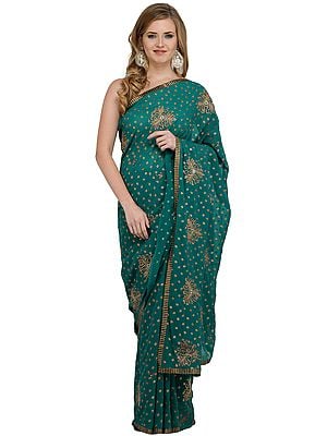 Cadmium-Green Georgette Wedding Sari with Embroidered Bootis