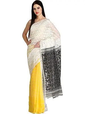 Aspen-Gold and White Jamdani Sari from Kolkata with Woven Bootis