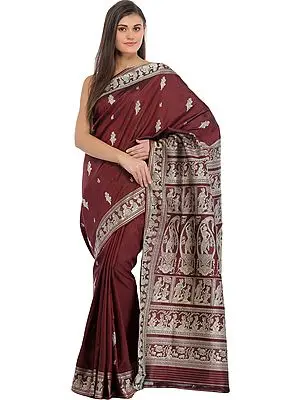Windsor-Wine Baluchari Sari from Bengal Depicting Mythological Episodes