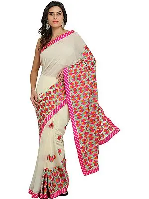 Ivory and Pink Phulkari Sari from Punjab with Embroidered Bootis and Gota Border