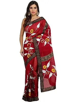 Ruby-Wine Batik Sari from Madhya Pradesh with Painted Border
