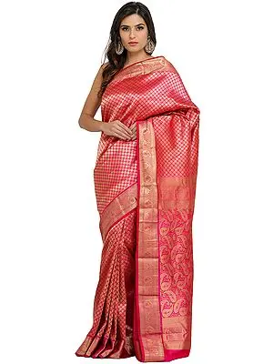 Magenta-Pink Traditional Brocaded Sari from Bangalore with Woven Bootis and Paiselys