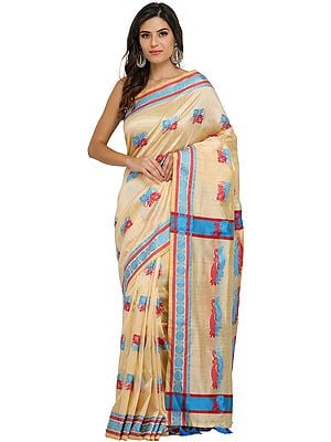 Beige Saree from Assam with Auspicious Woven Bootis and Florals on Border
