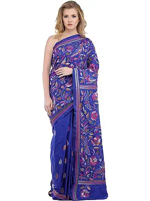 Surf-The-Web Sari from Kolkata with Kantha Hand-Embroidered Butterflies and Foliage