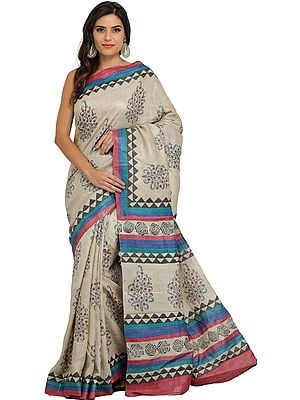 Wood-Ash Kosa Sari from Jharkhand with Printed Roses and Bootis