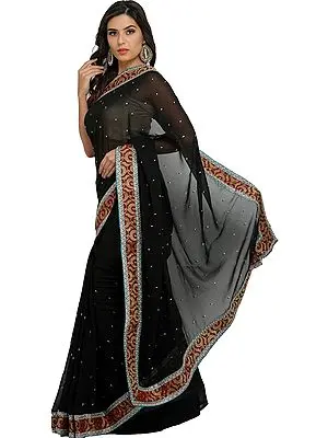 Phantom-Black Georgette Sari with Patch Border and Crystals All-Over