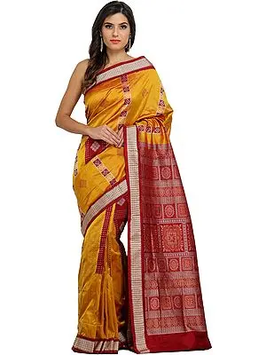 Golden-Nugget and Maroon Bomkai Sari from Orissa with Woven Bootis and Box Pallu