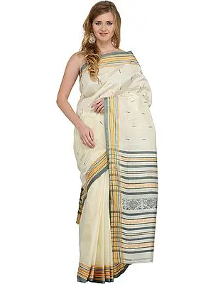 Ivory and Deep-Sea Garad Sari from Bengal with Woven Paisleys and Bootis