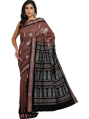 Carob-Brown Bomkai Sari from Orissa with Rudraksha Border and Woven Bootis on Pallu