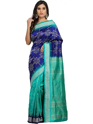 Dazzling-Blue Bomkai Handloom Sari from Orissa with Woven Bootis and Box Pallu
