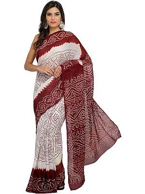 White and Maroon Shaded Bandhani Tie-Dye Sari from Marwar in Rajasthan