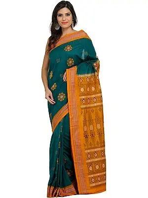 Alpine-Green and Apricot Bomkai Sari from Orissa with Woven Bootis on Border and Pallu