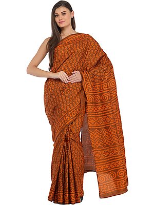 Brown and Russet-Orange Batik Sari from Madhya Pradesh with Printed Motifs