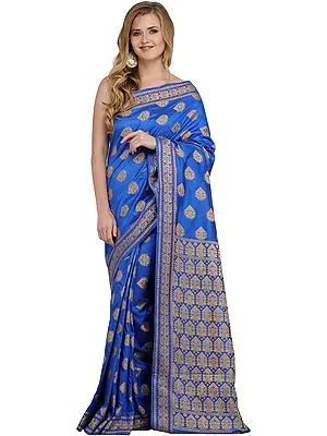 Turkish-Sea Sari from Assam with Woven Bootis All-Over