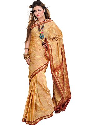 Beige and Baked-Clay Brocaded Sari from Bangalore with Woven Paiselys