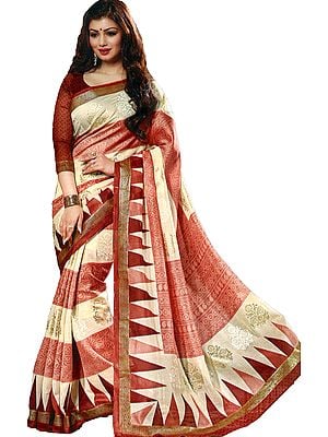 Off-White and Red Ayesha Cochin-Silk Sari with Printed Border and Bootis