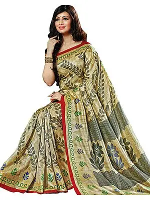 Taos-Taupe Ayesha Cochin-Silk Sari with Printed Florals and Bootis All-Over