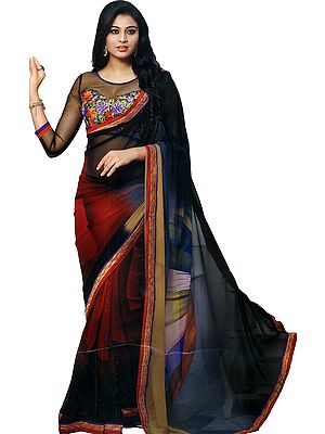 Caviar-Black Printed Georgette Sari with Patch Border