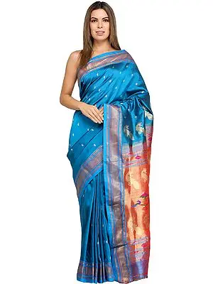 Diva-Blue Paithani Handloom Sari with Woven Bootis and Peacocks