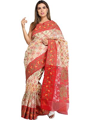 Mineral-Red and Beige Dhakai Handloom Sari from Bangladesh with Woven Bootis All Over