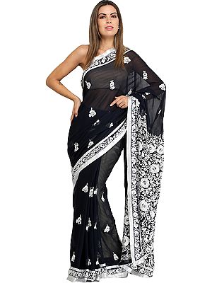 Phantom-Black Sari from Punjab with Phulkari Embroidered Flowers and Gota Border