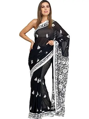Phantom-Black Sari from Punjab with Phulkari Embroidered Flowers and Gota Border