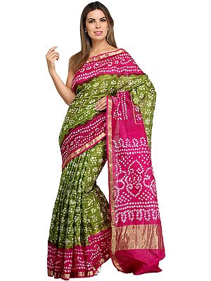 Baton-Rouge and Green Shaded Bandhani Gharchola Sari from Rajasthan with Gota Border