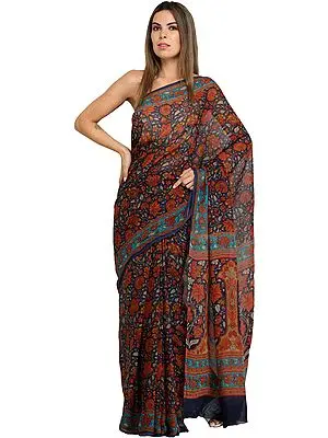 Medieval-Blue Kalamkari Printed Georgette Sari with Florals All Over
