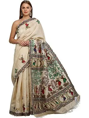 Wood-Ash Sari from Orissa with Hand-Painted Pata-Chitra Folk Motifs on Aanchal and Border