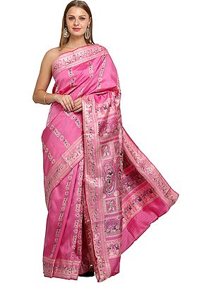Ibis-Rose Baluchari Sari from Bengal with Woven Stories from life of krishna