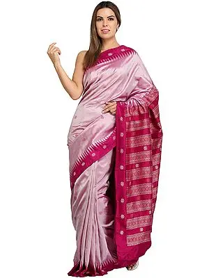 Dahlia-Mauve Handloom Bomkai Sari from Orissa with Temple Border and Bootis Woven All-Over