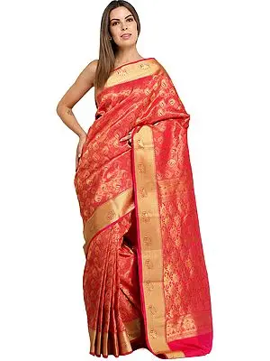 Magenta-Pink Brocaded Sari from Bangalore with Woven Bootis and Florals All-Over