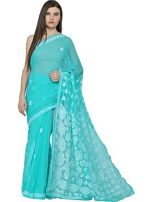 Lukhnavi Chikan Sari  with Hand-Embroidered Bootis All Over