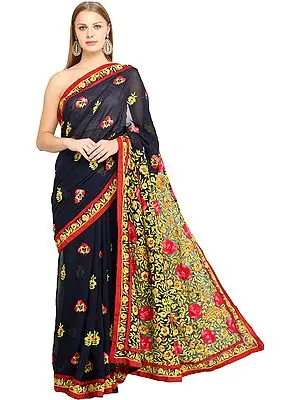 Twilight-Blue Phulkari Sari from Punjab with Embroidered Flowers and Sequins