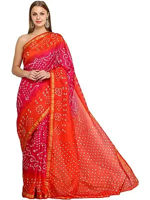 Orange and Pink Shaded Sari from Marwar in Rajasthan with Bandhani Print