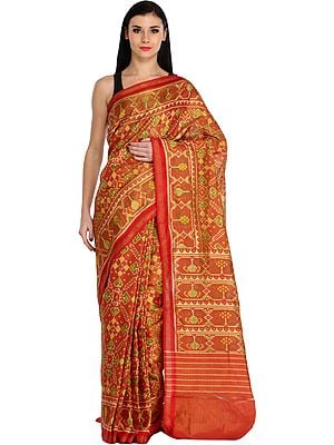 Flame-Scarlet Pan Patola Handloom Sari from Patan in Gujarat