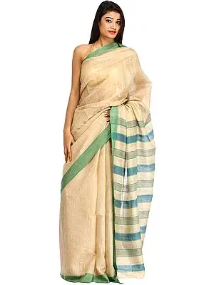 Green-Haze Kosa Sari from Bengal with Thread Weave