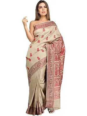 Oyester-Gray Baluchari Sari with Hand-Woven Dancing Apsaras on Aanchal