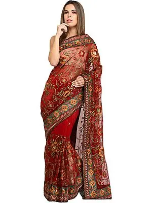 Tibetan-Red Georgette Sari with All-Over Floral Aari Embroidery and Sequins