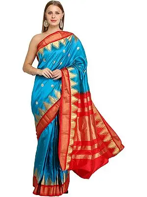 Blue-Jewel Traditional Brocaded Sari from Bangalore with Woven Bootis and Temple Border