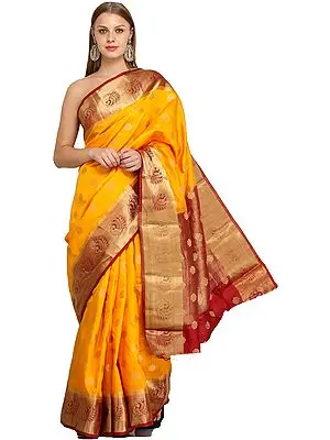 Marigold-Yellow Traditional Brocaded Sari from Bangalore with Woven Bootis and Peacocks