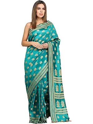 Cadmium-Green Sari from Assam with Woven Bootis All-Over