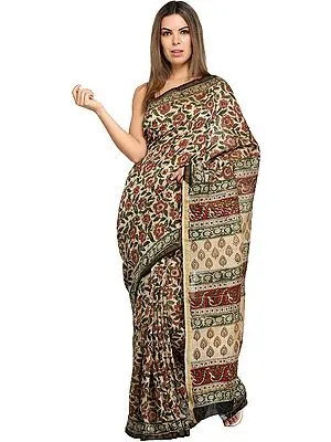 Warm-Sand Kalamkari Printed Sari from Amdhra Pradesh with Florals All Over