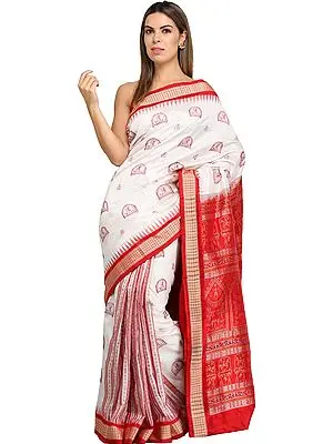 Flame-Scarlet Bomkai Sari from Orissa with Hand-Woven Folk Motifs and Temple Border