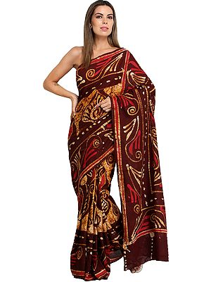 Brown-Stone Batik Sari from Madhya Pradesh with Printed Motifs